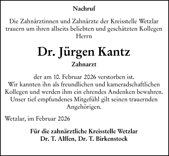 Traueranzeige von Jürgen Kantz von Wetzlarer Neue Zeitung