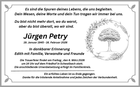 Traueranzeige von Jürgen Petry von Wetzlarer Neue Zeitung