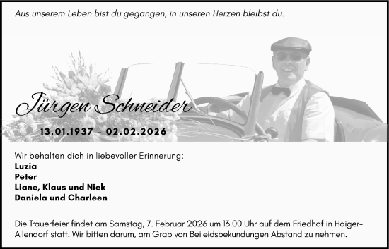 Traueranzeige von Jürgen Schneider von Dill Block