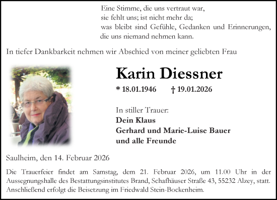 Traueranzeige von Karin Diessner von Allgemeine Zeitung Mainz