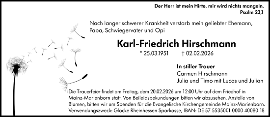 Traueranzeige von Karl-Friedrich Hirschmann von Allgemeine Zeitung Mainz