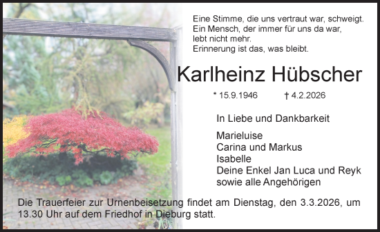 Traueranzeige von Karlheinz Hübscher von Dieburger Anzeiger/Groß-Zimmerner Lokal-Anzeiger