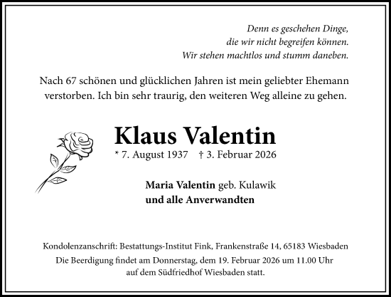 Traueranzeige von Klaus Valentin von Wiesbadener Kurier