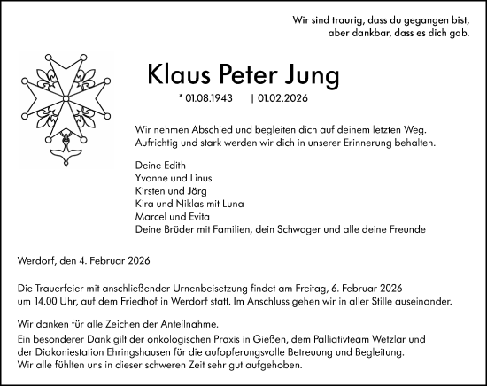 Traueranzeige von Klaus Peter Jung von Wetzlarer Neue Zeitung