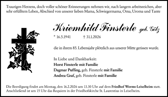Traueranzeige von Kriemhild Finsterle von Wormser Zeitung