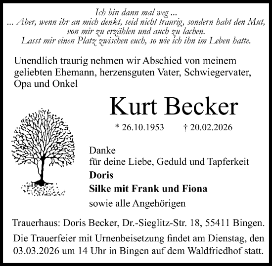 Traueranzeige von Kurt Becker von Allgemeine Zeitung Rheinhessen-Nahe