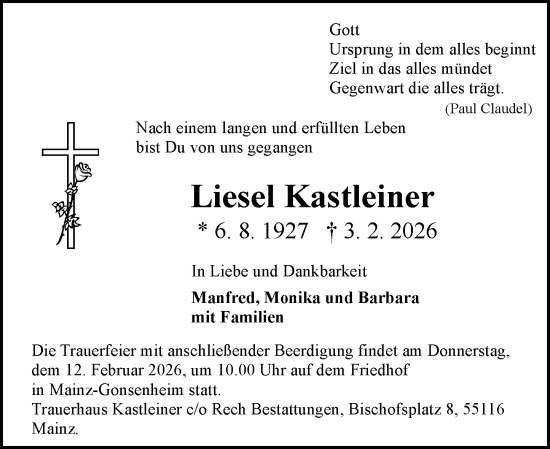 Traueranzeige von Liesel Kastleiner von Allgemeine Zeitung Mainz