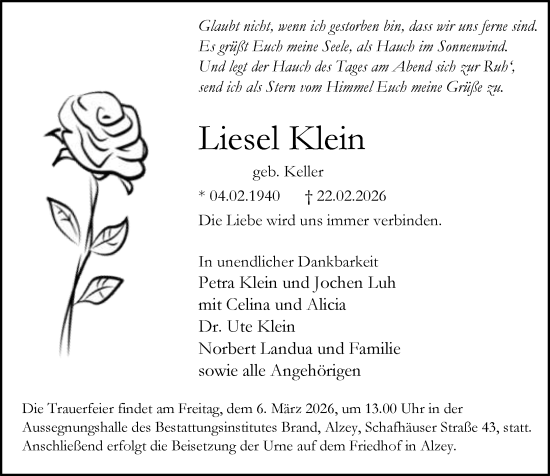 Traueranzeige von Liesel Klein von Allgemeine Zeitung Alzey