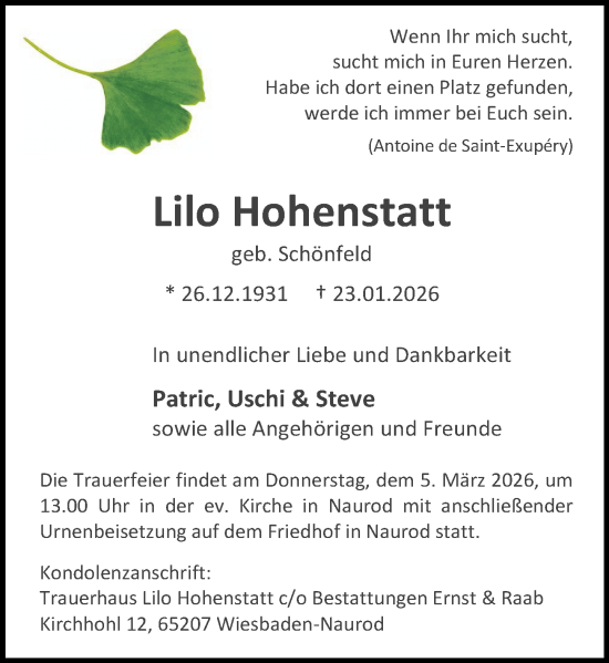 Traueranzeige von Lilo Hohenstatt von Wiesbadener Kurier