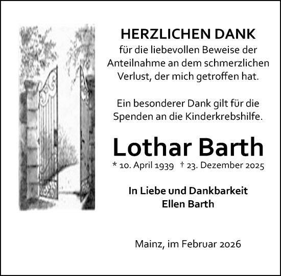 Traueranzeige von Lothar Barth von Allgemeine Zeitung Mainz