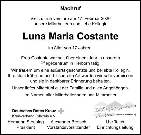 Traueranzeige von Luna Maria Costante von Dill Block