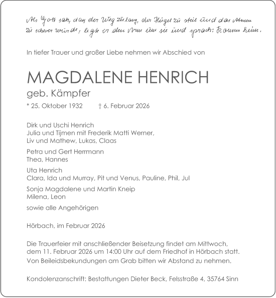 Traueranzeige von Magdalene Henrich von Dill Block