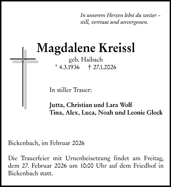 Traueranzeige von Magdalene Kreissl von Darmstädter Echo
