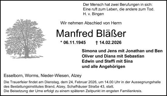 Traueranzeige von Manfred Bläßer von Allgemeine Zeitung Alzey
