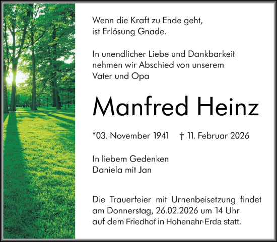 Traueranzeige von Manfred Heinz von Wetzlarer Neue Zeitung