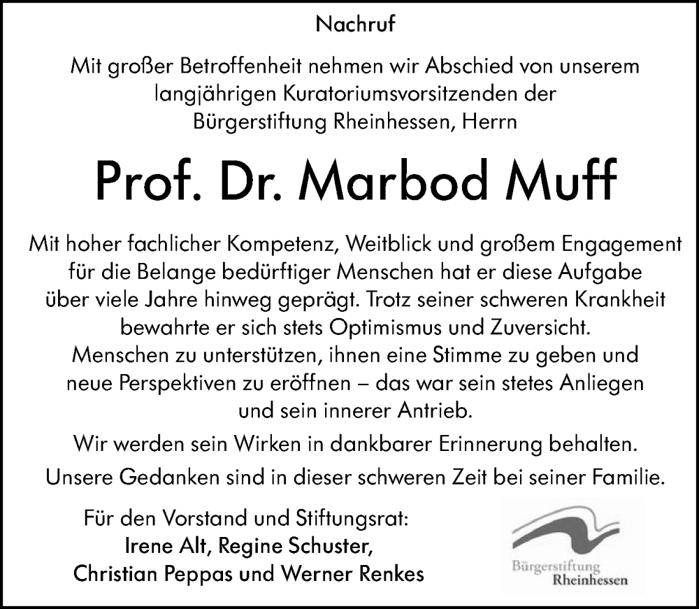  Traueranzeige für Marbod Muff vom 14.02.2026 aus Allgemeine Zeitung Mainz