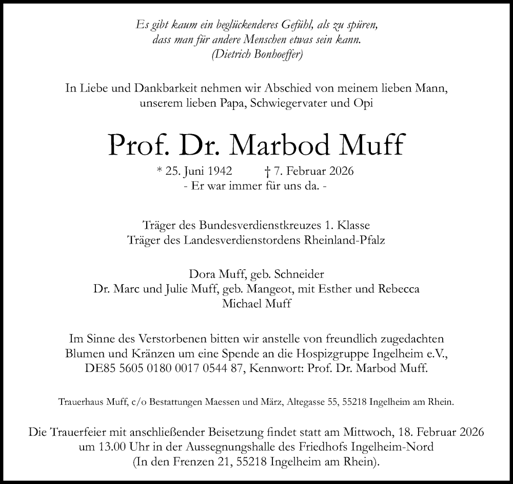  Traueranzeige für Marbod Muff vom 17.02.2026 aus Allgemeine Zeitung Mainz