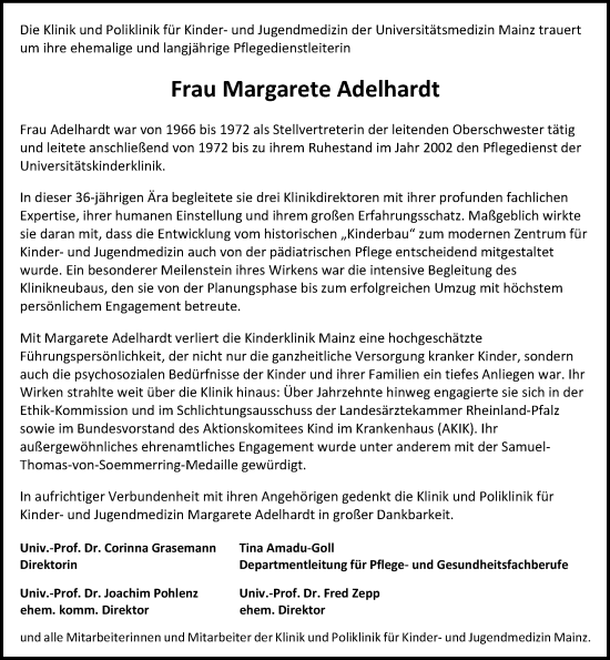 Traueranzeige von Margarete Adelhardt von Allgemeine Zeitung Mainz