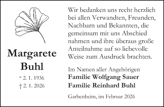 Traueranzeige von Margarete Buhl von Wetzlarer Neue Zeitung