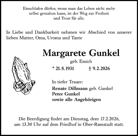 Traueranzeige von Margarete Gunkel von Darmstädter Echo