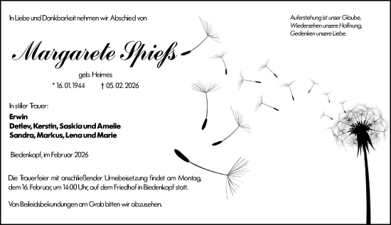 Traueranzeige von Margarete Spieß von Hinterländer Anzeiger