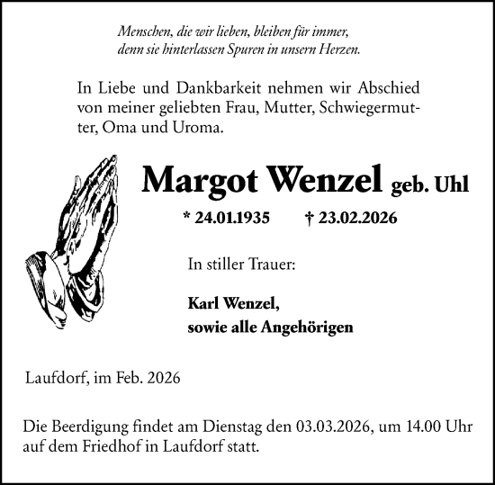 Traueranzeige von Margot Wenzel von Wetzlarer Neue Zeitung