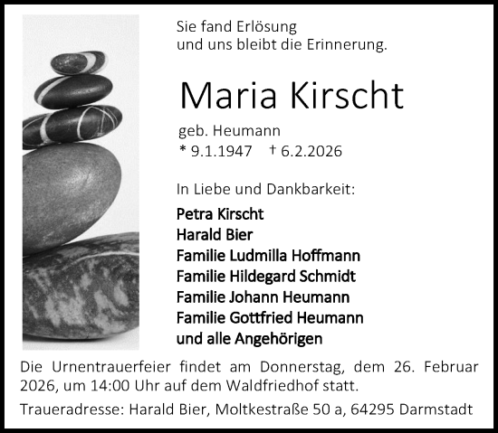 Traueranzeige von Maria Kirscht von Darmstädter Echo