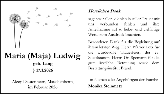 Traueranzeige von Maria Ludwig von Allgemeine Zeitung Alzey