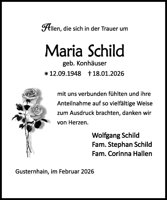 Traueranzeige von Maria Schild von Dill Block