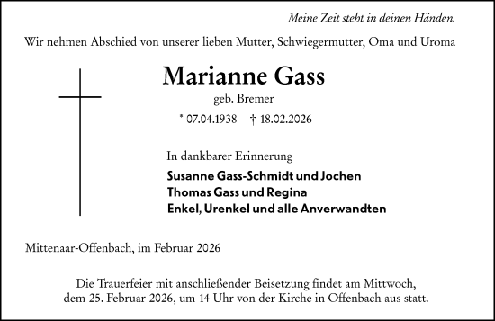 Traueranzeige von Marianne Gass von Dill Block