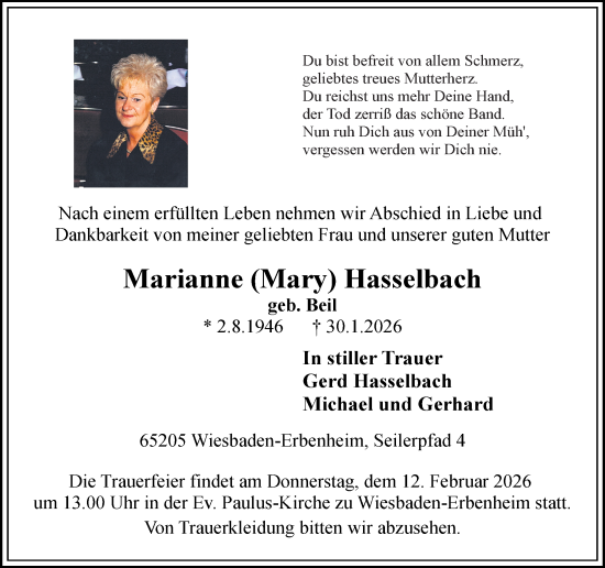 Traueranzeige von Marianne Hasselbach von Wiesbadener Kurier