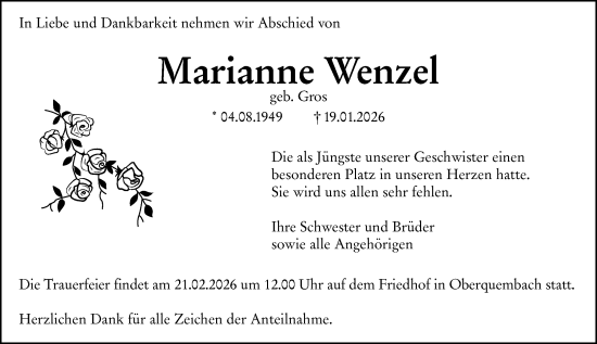 Traueranzeige von Marianne Wenzel von Wetzlarer Neue Zeitung