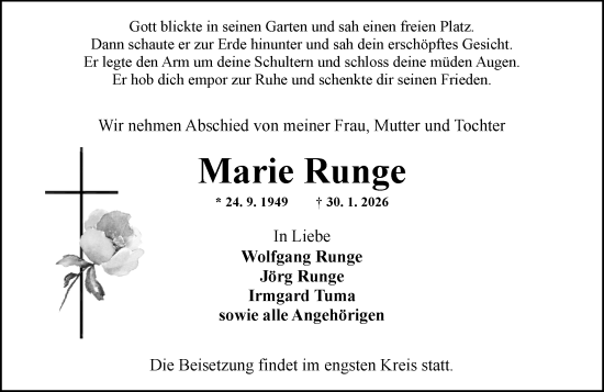 Traueranzeige von Marie Runge von Allgemeine Zeitung Mainz