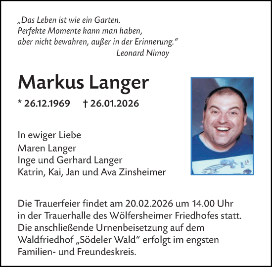 Traueranzeige von Markus Langer von Wetzlarer Neue Zeitung
