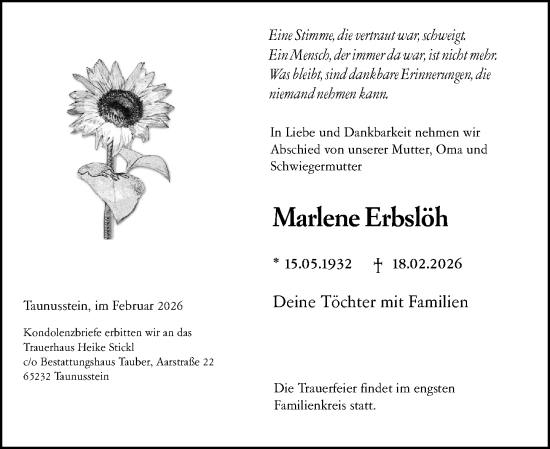 Traueranzeige von Marlene Erbslöh von Rheingau-Taunus-Kreis Wochenblatt