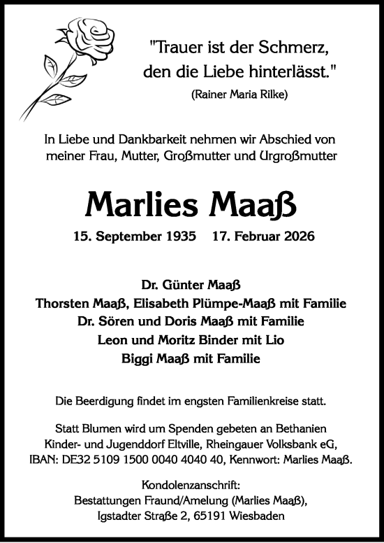 Traueranzeige von Marlies Maaß von Wiesbadener Kurier