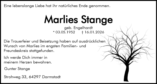 Traueranzeige von Marlies Stange von Darmstädter Echo