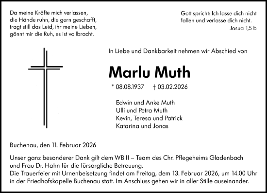 Traueranzeige von Marlu Muth von Hinterländer Anzeiger