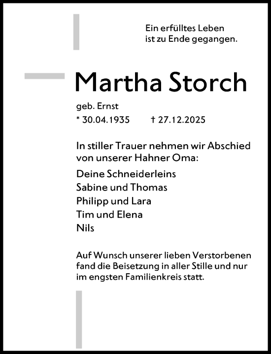 Traueranzeige von Martha Storch von Rheingau-Taunus-Kreis Wochenblatt