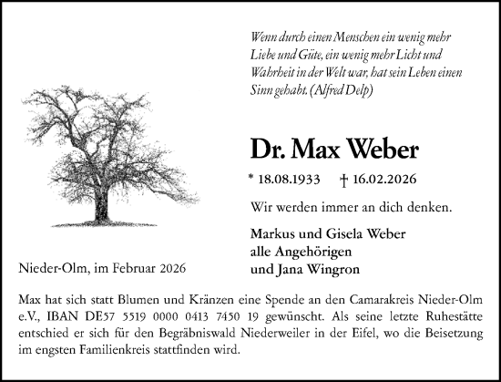 Traueranzeige von Max Weber von Allgemeine Zeitung Mainz