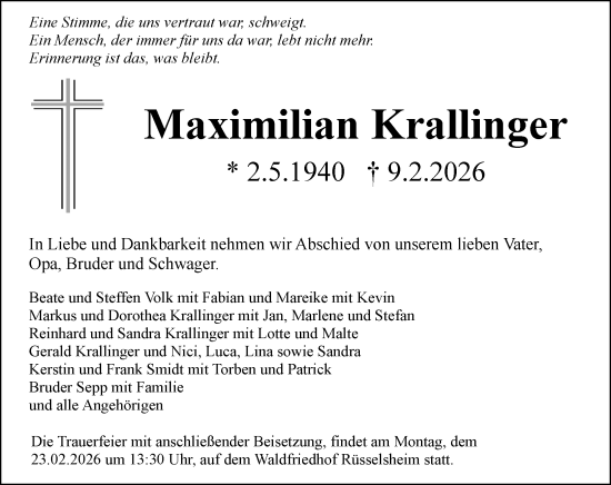 Traueranzeige von Maximilian Krallinger von Rüsselsheimer Echo