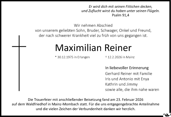 Traueranzeige von Maximilian Reiner von Allgemeine Zeitung Mainz