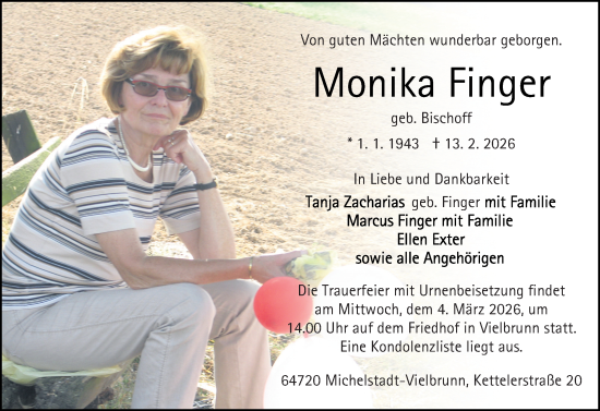Traueranzeige von Monika Finger von Odenwälder Echo