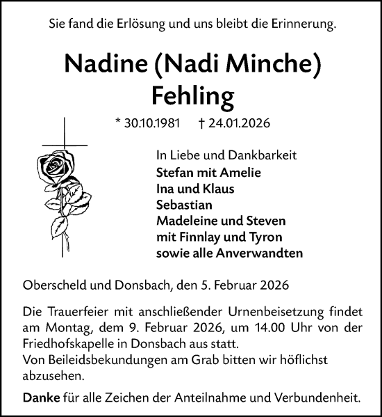 Traueranzeige von Nadine Fehling von Dill Block