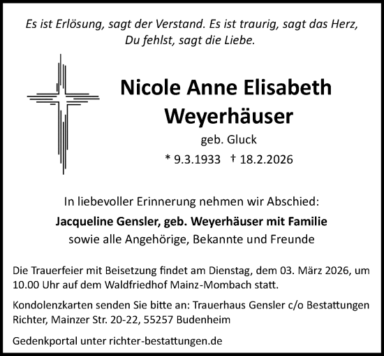 Traueranzeige von Nicole Anne Elisabeth Weyerhäuser von Allgemeine Zeitung Mainz