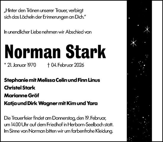 Traueranzeige von Norman Stark von Dill Block