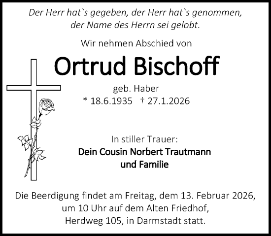 Traueranzeige von Ortrud Bischoff von Darmstädter Echo