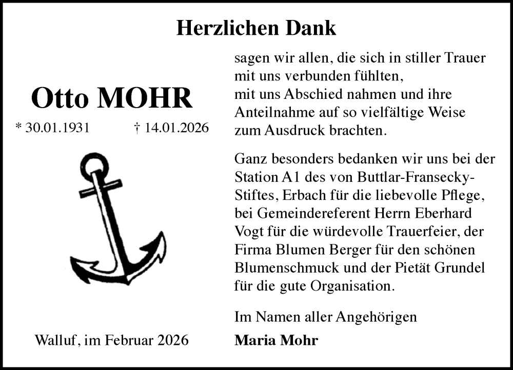  Traueranzeige für Otto Mohr vom 14.02.2026 aus Wiesbadener Kurier