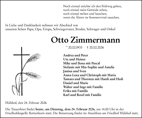 Traueranzeige von Otto Zimmermann von Hinterländer Anzeiger