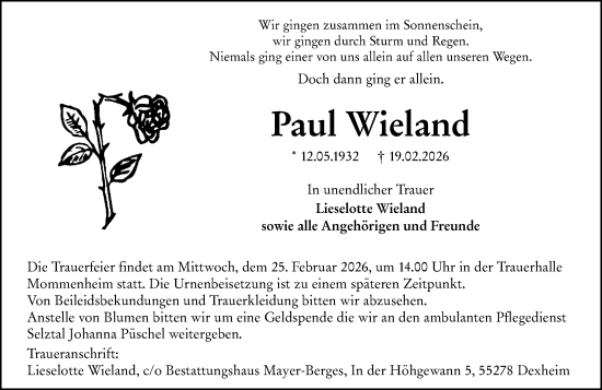 Traueranzeige von Paul Wieland von Allgemeine Zeitung Mainz